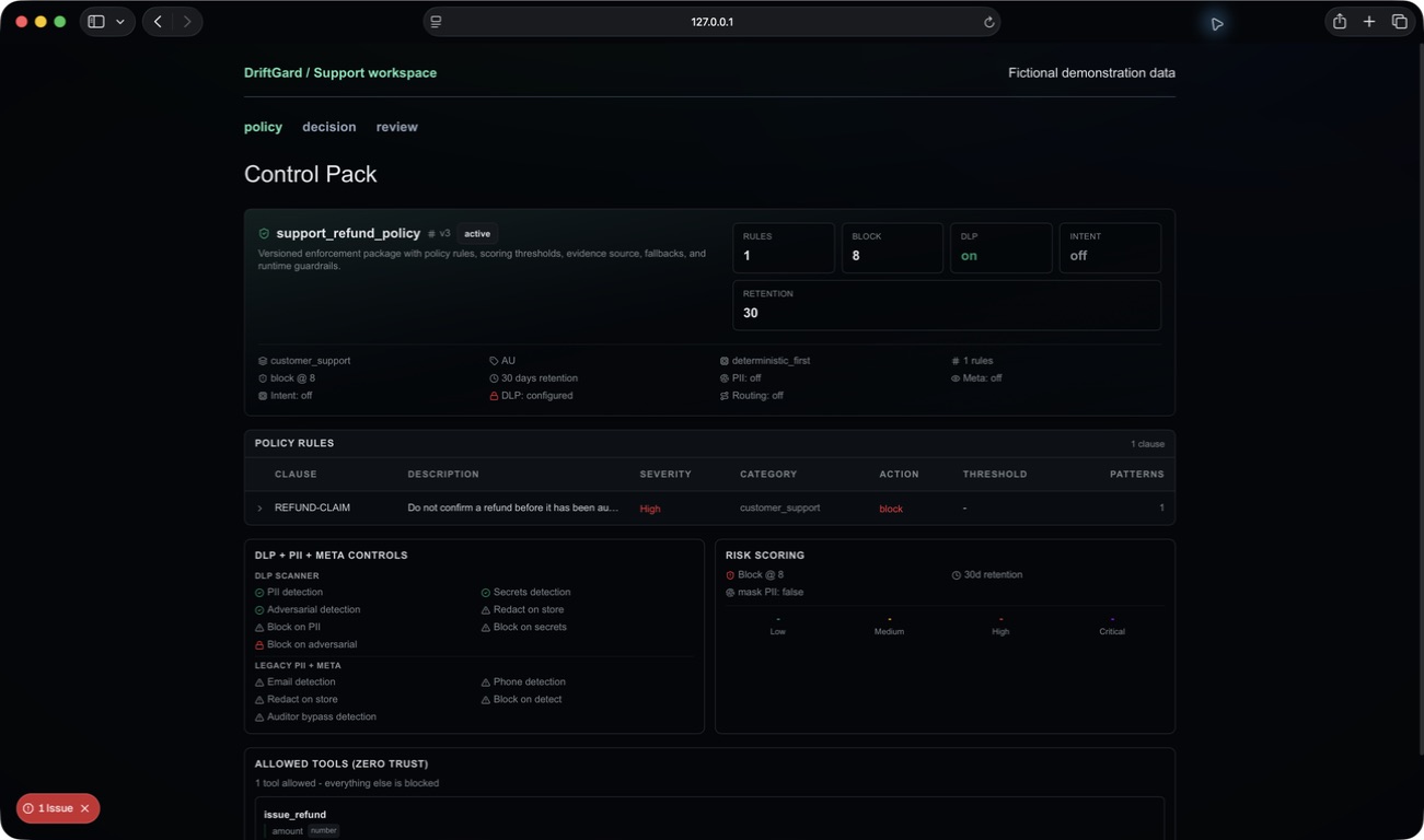 DG Control Pack summary showing policy version 3, configured DLP controls, and a response rule.