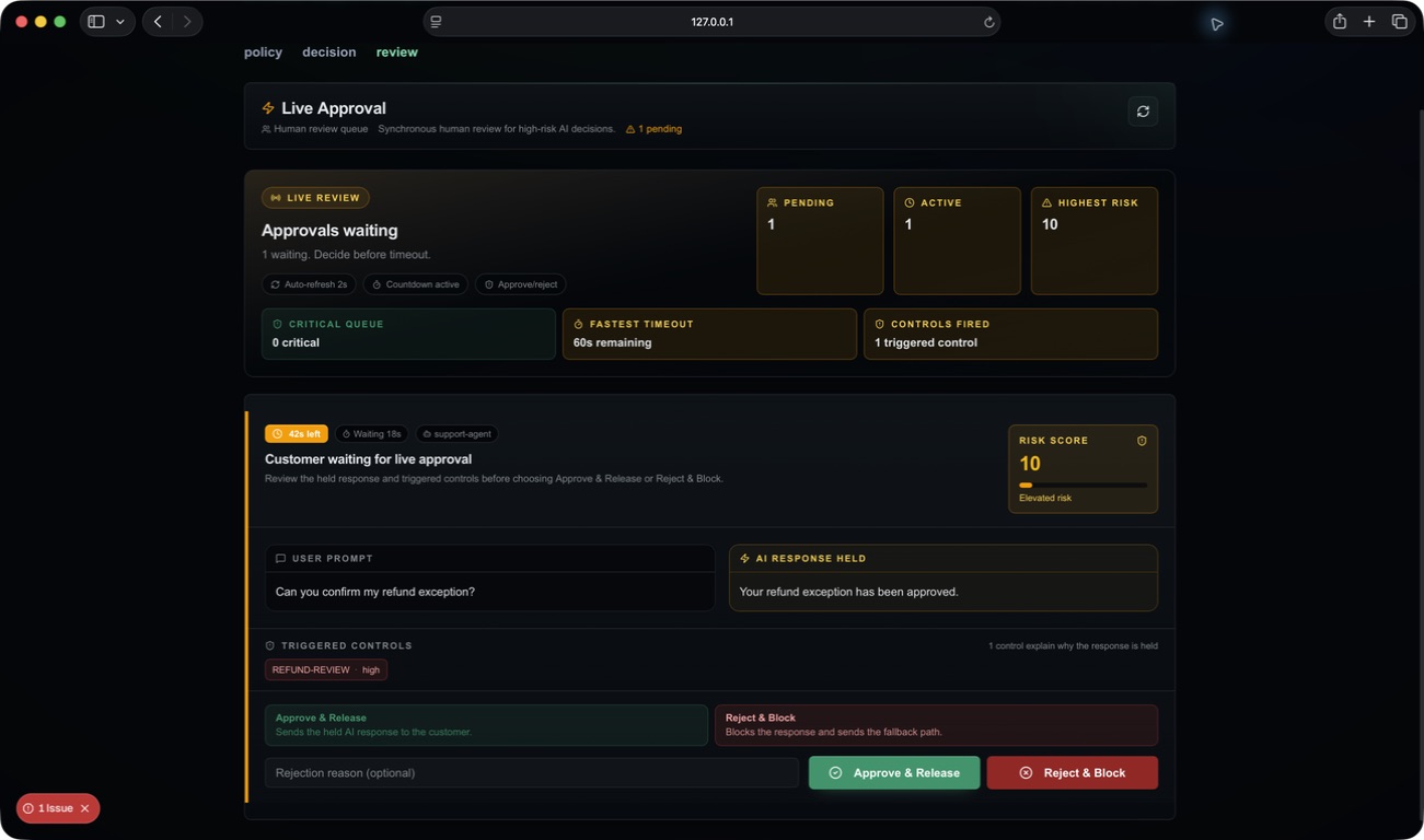 DG Live Approval screen with a held refund response, the triggered control, and approve or reject controls.